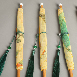 Buddha Gift Handmade Birds Flowers Persimmons Fruit Koi Fish Lotus Bamboo Long Handle Portable Curlable Fan