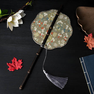 Buddha Gift Handmade Flowers Peach Loquat Bird Crane Butterfly Pattern Long Purple Bamboo Handle Portable Curlable Fan