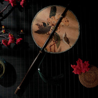 Buddha Gift Handmade Flowers Peach Loquat Bird Crane Butterfly Pattern Long Purple Bamboo Handle Portable Curlable Fan