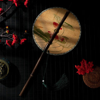 Buddha Gift Handmade Flowers Peach Loquat Bird Crane Butterfly Pattern Long Purple Bamboo Handle Portable Curlable Fan