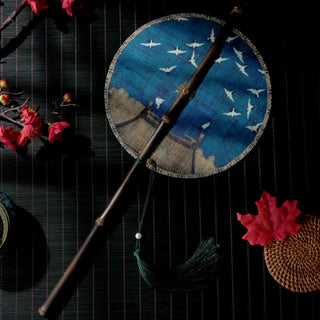 Buddha Gift Handmade Flowers Peach Loquat Bird Crane Butterfly Pattern Long Purple Bamboo Handle Portable Curlable Fan