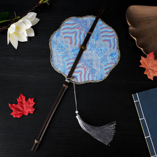 Buddha Gift Handmade Flowers Peach Loquat Bird Crane Butterfly Pattern Long Purple Bamboo Handle Portable Curlable Fan