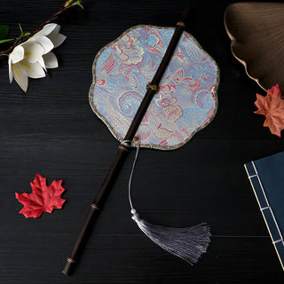 Buddha Gift Handmade Flowers Peach Loquat Bird Crane Butterfly Pattern Long Purple Bamboo Handle Portable Curlable Fan