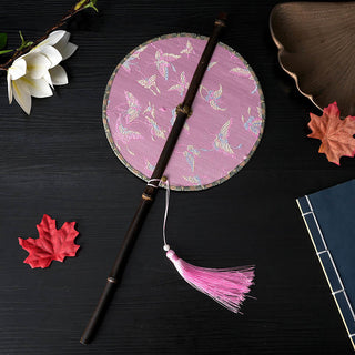 Buddha Gift Handmade Flowers Peach Loquat Bird Crane Butterfly Pattern Long Purple Bamboo Handle Portable Curlable Fan