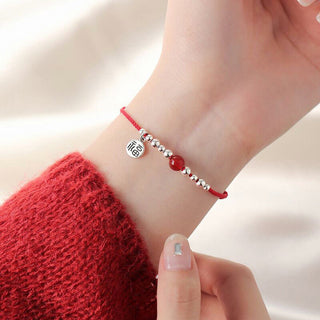 Buddha Gift Handmade 925 Sterling Silver Fu Character Red Agate Fortune Braided Ultra-Thin Rope Bracelet