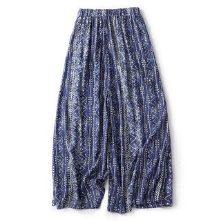 Buddha Gift Blue Stripes Print Cotton Linen Wide Leg Pants With Pockets