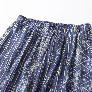Buddha Gift Blue Stripes Print Cotton Linen Wide Leg Pants With Pockets