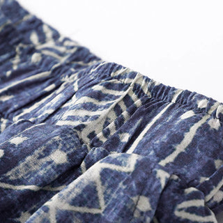 Buddha Gift Blue Stripes Print Cotton Linen Wide Leg Pants With Pockets