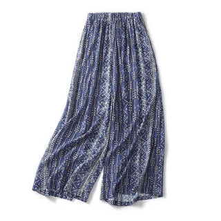 Buddha Gift Blue Stripes Print Cotton Linen Wide Leg Pants With Pockets