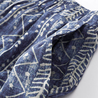 Buddha Gift Blue Stripes Print Cotton Linen Wide Leg Pants With Pockets