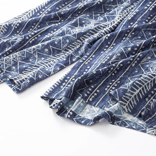 Buddha Gift Blue Stripes Print Cotton Linen Wide Leg Pants With Pockets