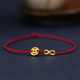 Buddha Gift 999 Gold Mobius Infinite Love Fu Character Copper Coin Protection Handmade Ultra-Thin Rope Bracelet