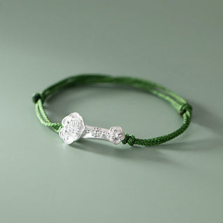 Buddha Gift Handmade 999 Sterling Silver Fu Character Wish Ruyi Handle Luck Braided Green Rope Bracelet