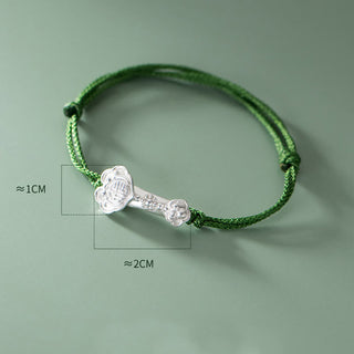 Buddha Gift Handmade 999 Sterling Silver Fu Character Wish Ruyi Handle Luck Braided Green Rope Bracelet