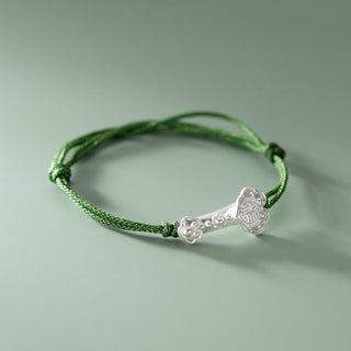 Buddha Gift Handmade 999 Sterling Silver Fu Character Wish Ruyi Handle Luck Braided Green Rope Bracelet