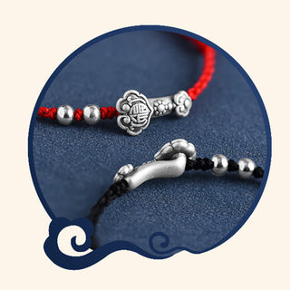 Buddha Gift Handmade 999 Sterling Silver Fu Character Wish Ruyi Handle Fortune Rope Bracelet Anklet