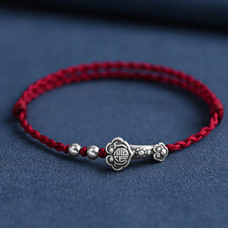 Buddha Gift Handmade 999 Sterling Silver Fu Character Wish Ruyi Handle Fortune Rope Bracelet Anklet
