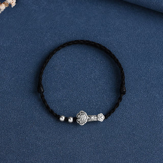 Buddha Gift Handmade 999 Sterling Silver Fu Character Wish Ruyi Handle Fortune Rope Bracelet Anklet