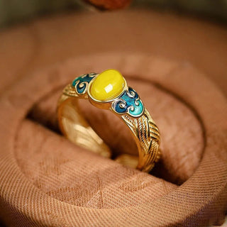 Buddha Gift Amber Copper Auspicious Clouds Focus Adjustable Ring