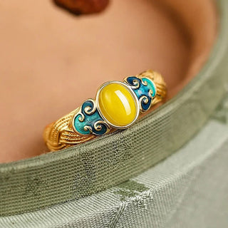 Buddha Gift Amber Copper Auspicious Clouds Focus Adjustable Ring