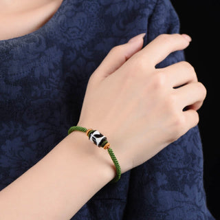 Buddha Gift Handmade Tibetan Dzi Bead Protection Braided Green Rope Bracelet