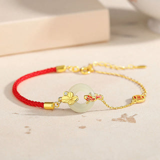 Buddha Gift Handmade 925 Sterling Silver Hetian Jade Chinese Goldfish Peace Buckle Red Rope Bracelet