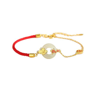 Buddha Gift Handmade 925 Sterling Silver Hetian Jade Chinese Goldfish Peace Buckle Red Rope Bracelet