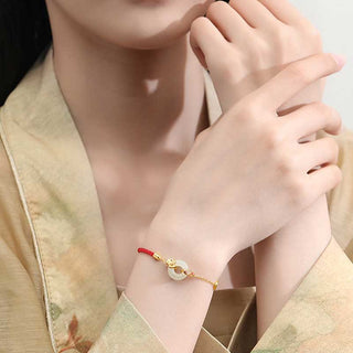 Buddha Gift Handmade 925 Sterling Silver Hetian Jade Chinese Goldfish Peace Buckle Red Rope Bracelet