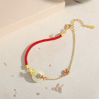 Buddha Gift Handmade 925 Sterling Silver Hetian Jade Chinese Goldfish Peace Buckle Red Rope Bracelet