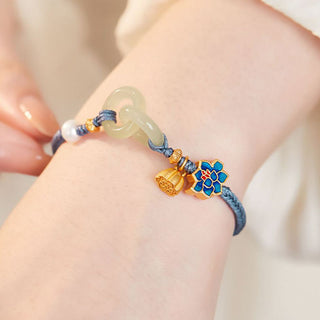 Buddha Gift Hetian Jade Lotus Peace Buckle Braided Rope Fortune Bracelet