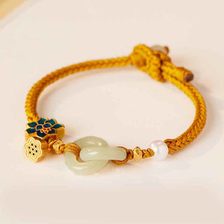 Buddha Gift Hetian Jade Lotus Peace Buckle Braided Rope Fortune Bracelet