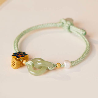Buddha Gift Hetian Jade Lotus Peace Buckle Braided Rope Fortune Bracelet