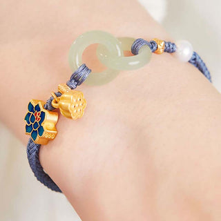 Buddha Gift Hetian Jade Lotus Peace Buckle Braided Rope Fortune Bracelet