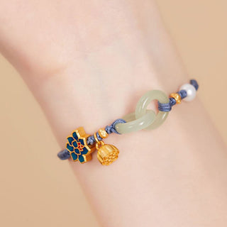 Buddha Gift Hetian Jade Lotus Peace Buckle Braided Rope Fortune Bracelet