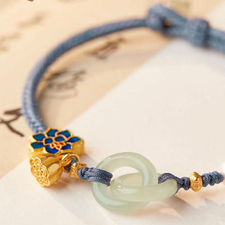 Buddha Gift Hetian Jade Lotus Peace Buckle Braided Rope Fortune Bracelet