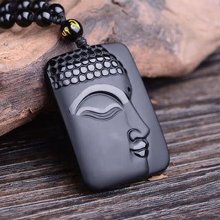 Buddha Gift Natural Black Obsidian Buddha Prayer Purification Luck Pendant Necklace