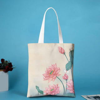 Buddha Gift Ink Painting Large Capacity Canvas Koi Fish Lotus Zipper Shopping Shoulder Bag