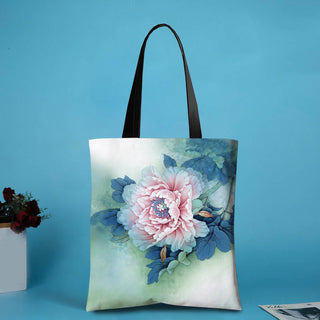 Buddha Gift Large Capacity Handmade Canvas Ink Lotus Dragonfly Shoulder Bag Shopping Bag