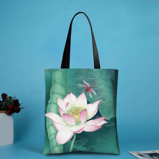 Buddha Gift Large Capacity Handmade Canvas Ink Lotus Dragonfly Shoulder Bag Shopping Bag