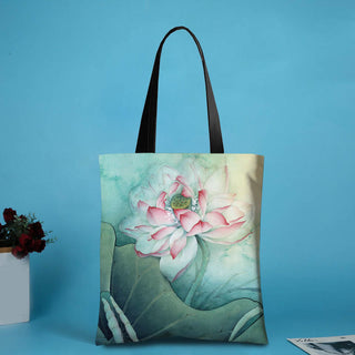 Buddha Gift Large Capacity Handmade Canvas Ink Lotus Dragonfly Shoulder Bag Shopping Bag