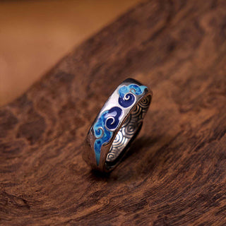 Buddha Gift Blue Auspicious Clouds Pattern Wealth Copper Adjustable Ring