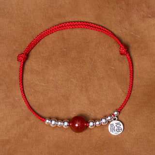 Buddha Gift Handmade 925 Sterling Silver Fu Character Red Agate Fortune Braided Ultra-Thin Rope Bracelet