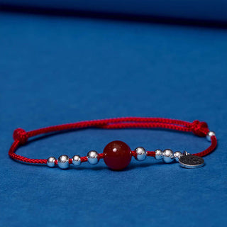 Buddha Gift Handmade 925 Sterling Silver Fu Character Red Agate Fortune Braided Ultra-Thin Rope Bracelet