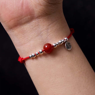 Buddha Gift Handmade 925 Sterling Silver Fu Character Red Agate Fortune Braided Ultra-Thin Rope Bracelet