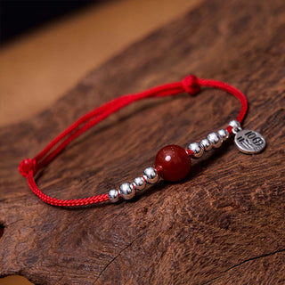 Buddha Gift Handmade 925 Sterling Silver Fu Character Red Agate Fortune Braided Ultra-Thin Rope Bracelet