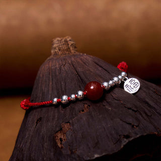 Buddha Gift Handmade 925 Sterling Silver Fu Character Red Agate Fortune Braided Ultra-Thin Rope Bracelet