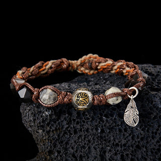 Buddha Gift Retro 925 Sterling Silver Silver Sheen Obsidian Transport Rope Handmade Braided Bracelet