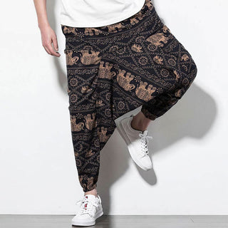 Buddha Gift Elephant Brown Black Print Cotton Men's Long Cropped Harem Pants With Pockets
