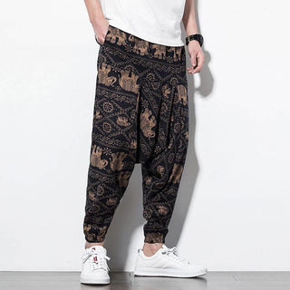 Buddha Gift Elephant Brown Black Print Cotton Men's Long Cropped Harem Pants With Pockets