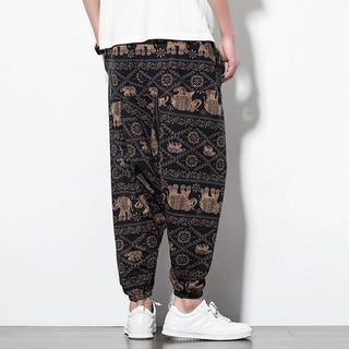 Buddha Gift Elephant Brown Black Print Cotton Men's Long Cropped Harem Pants With Pockets